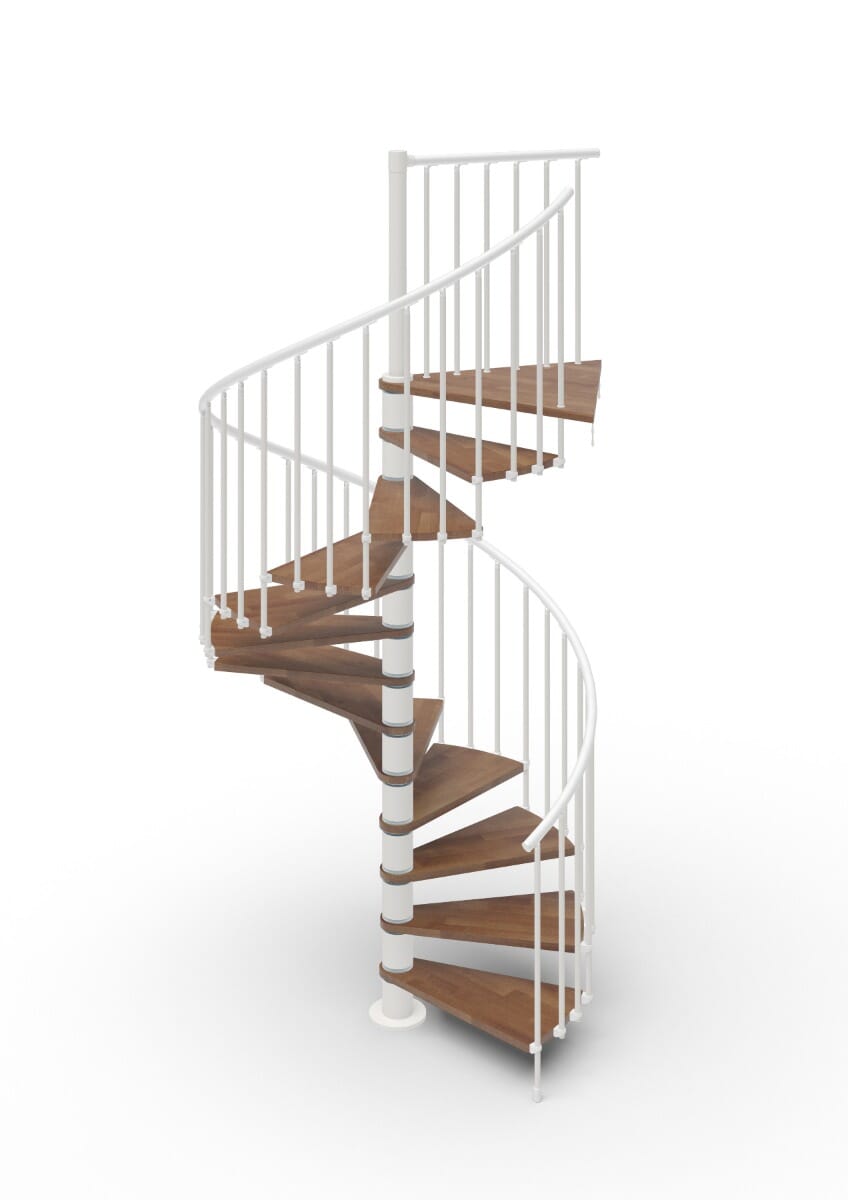Phola Spiral Stair Kit (1200mm) - White Metalwork / Walnut Shade Steps & White Plastic Handrail